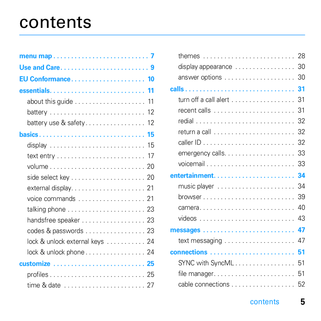 Motorola U9 manual Contents 