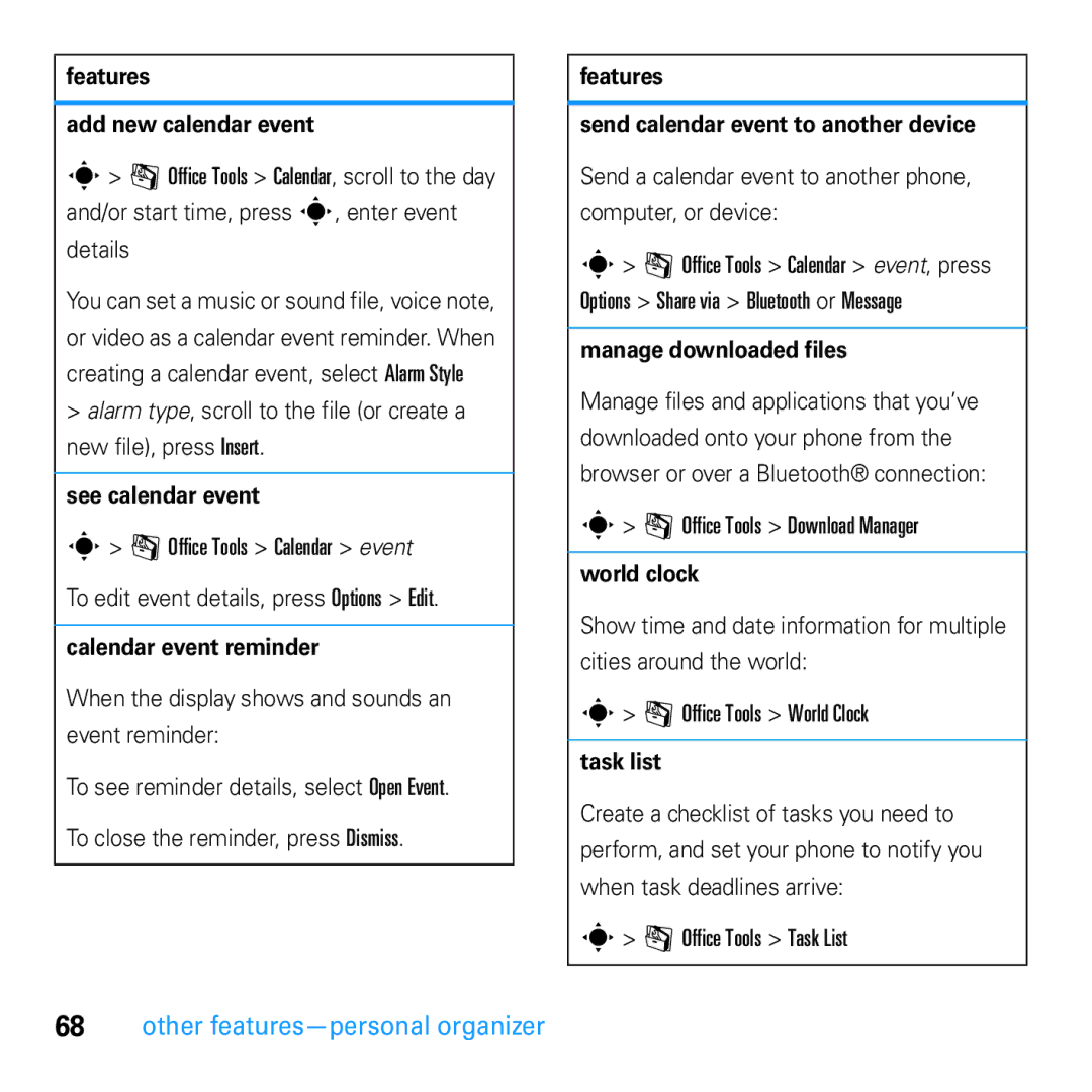 Motorola U9 manual Other features-personal organizer 