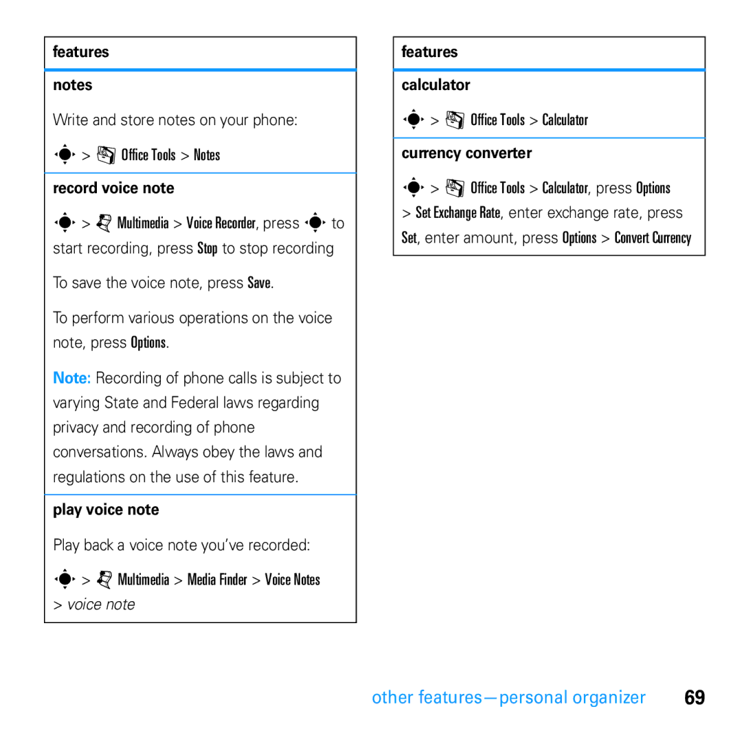 Motorola U9 manual Record voice note, Play voice note, Features Calculator, Currency converter 