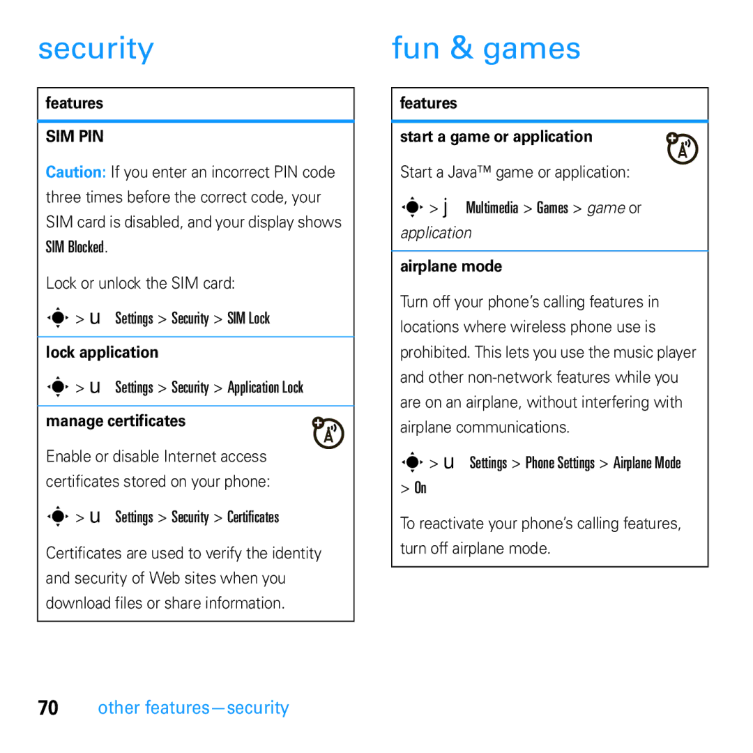 Motorola U9 manual Security, Fun & games, Other features-security 