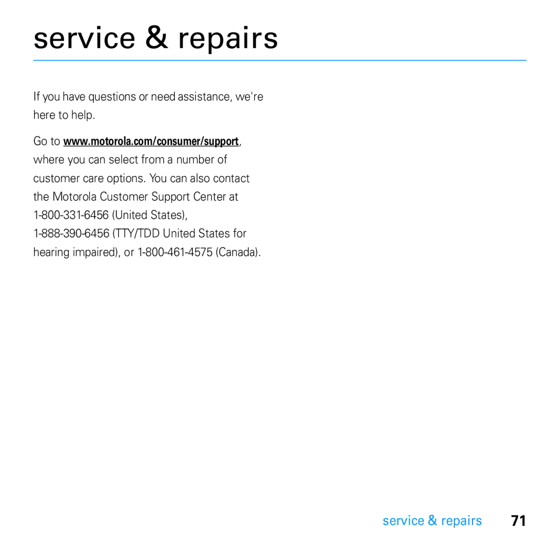 Motorola U9 manual Service & repairs, If you have questions or need assistance, were here to help 