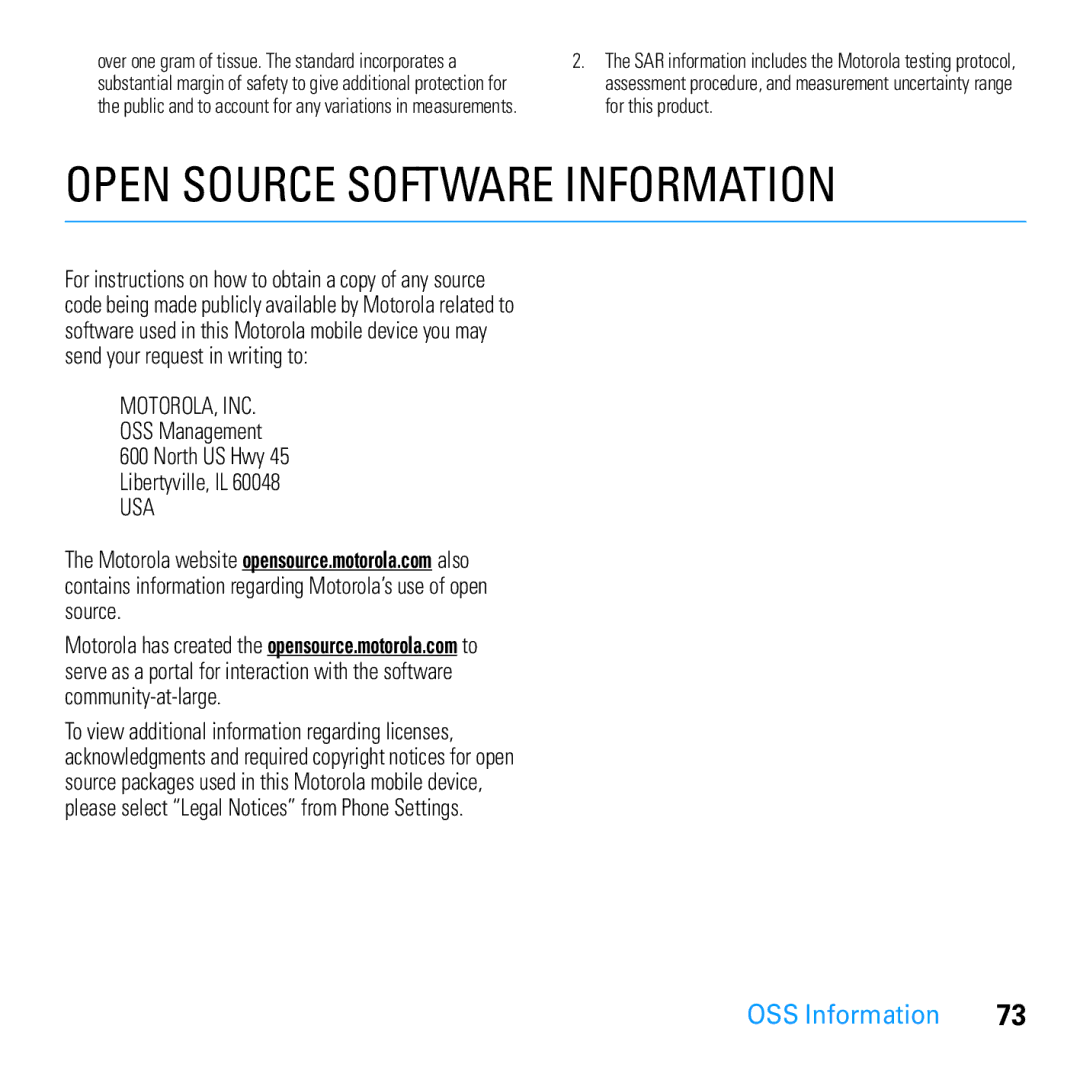 Motorola U9 manual OSS Information, OSS Management North US Hwy Libertyville, IL 