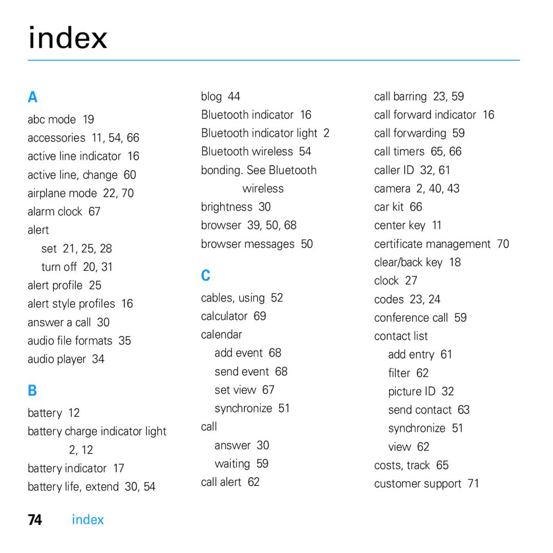 Motorola U9 manual Index 