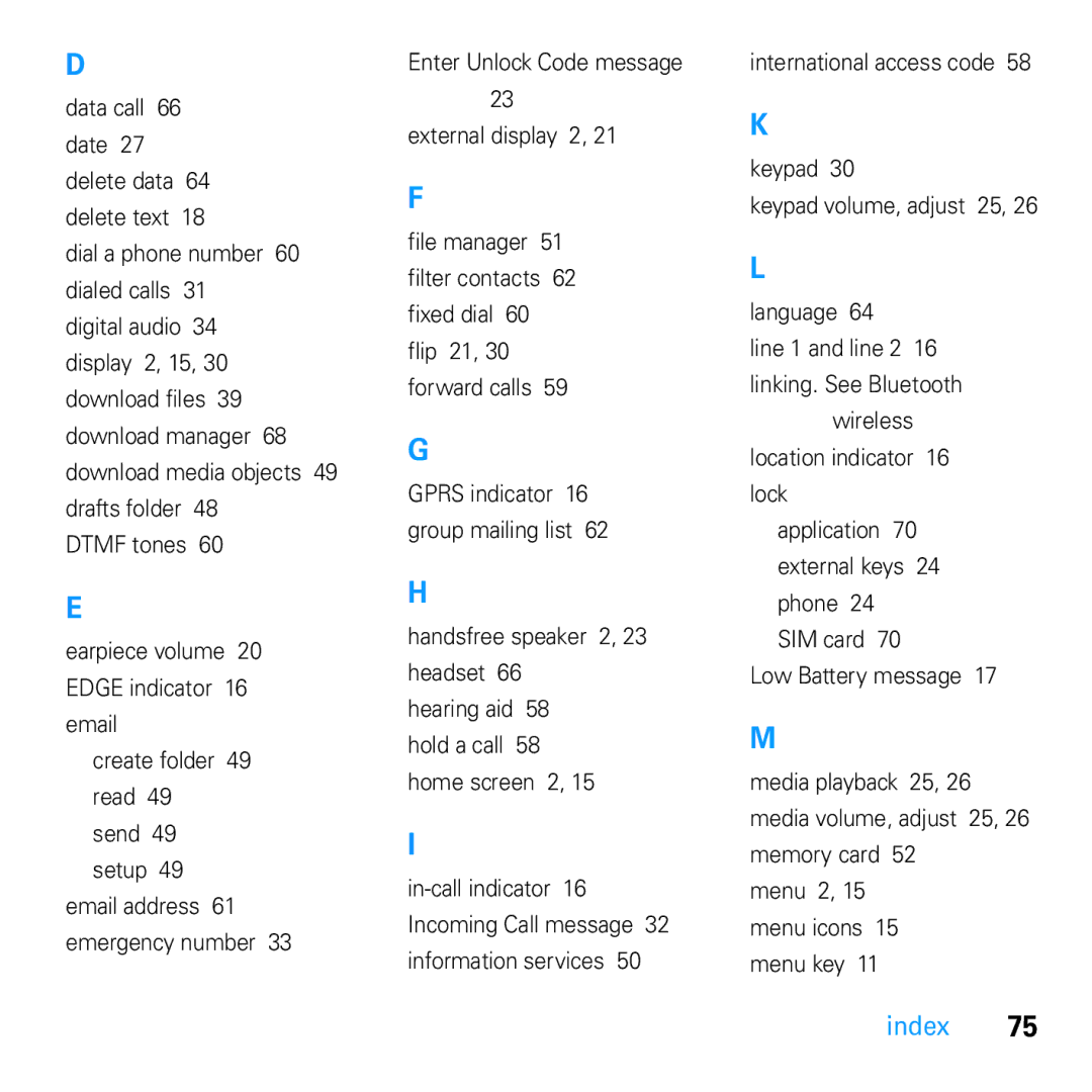 Motorola U9 manual Handsfree speaker 2, 23 headset 