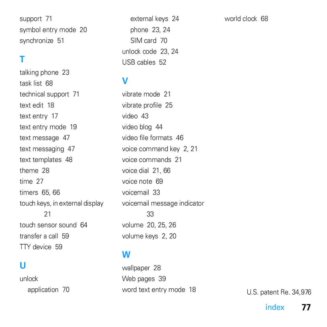 Motorola U9 manual Voicemail message indicator, Word text entry mode World clock Patent Re ,976 