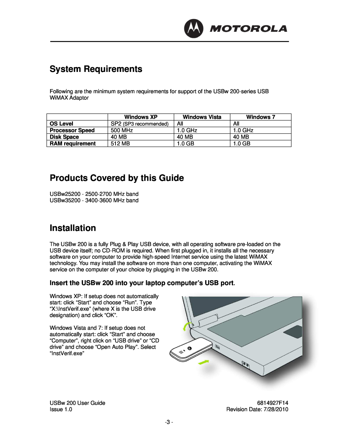 Motorola USBW 200 System Requirements, Products Covered by this Guide, Installation, Windows XP, Windows Vista, OS Level 