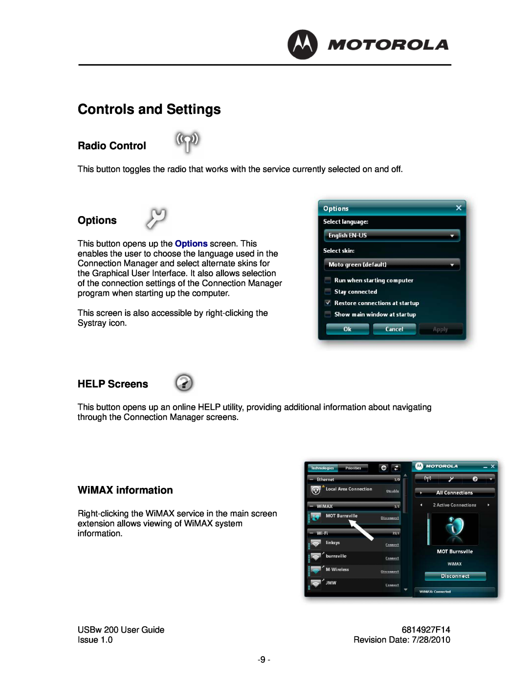 Motorola USBW 200 manual Controls and Settings, Radio Control, Options, HELP Screens, WiMAX information 