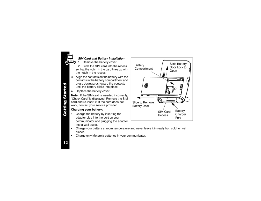 Motorola V.100 manual SIM Card and Battery Installation, Charging your battery 