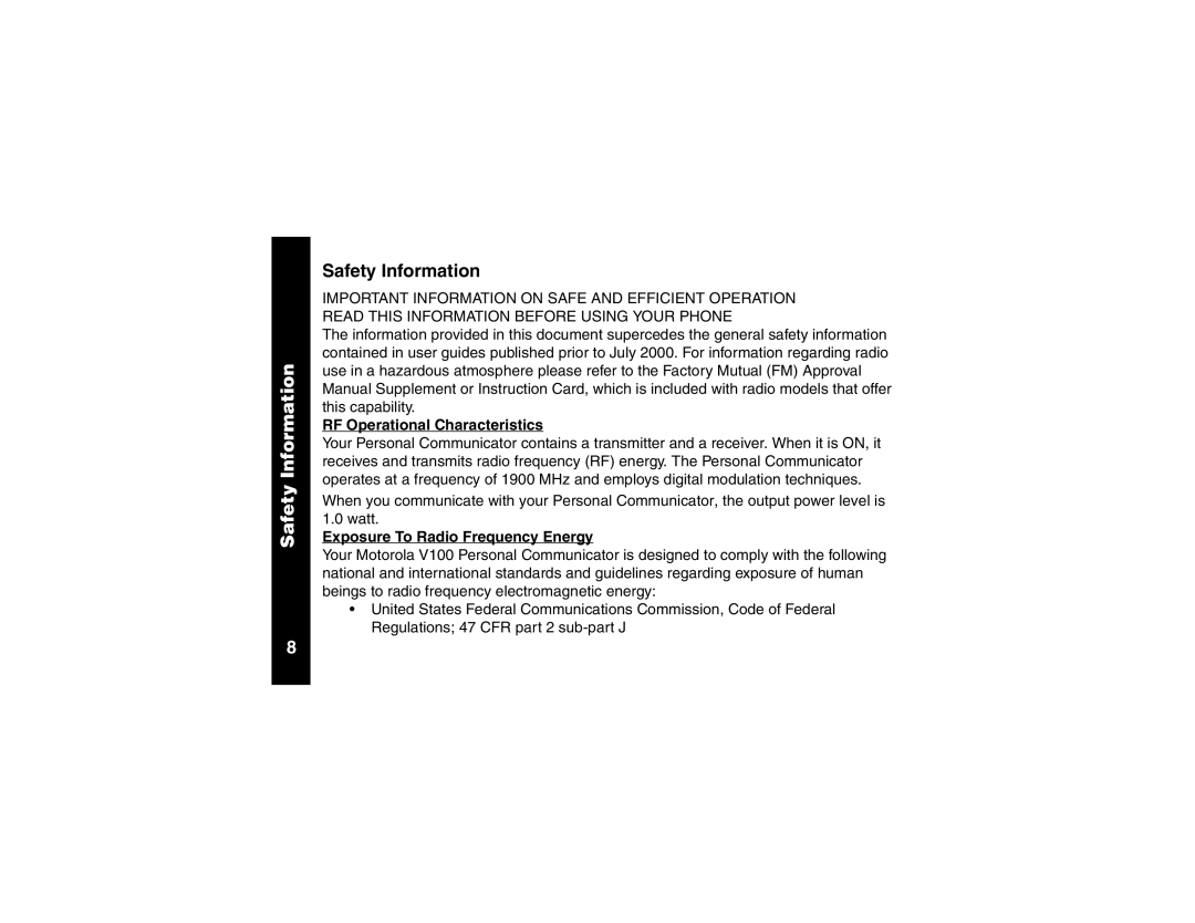 Motorola V100 manual Safety Information, RF Operational Characteristics, Exposure To Radio Frequency Energy 