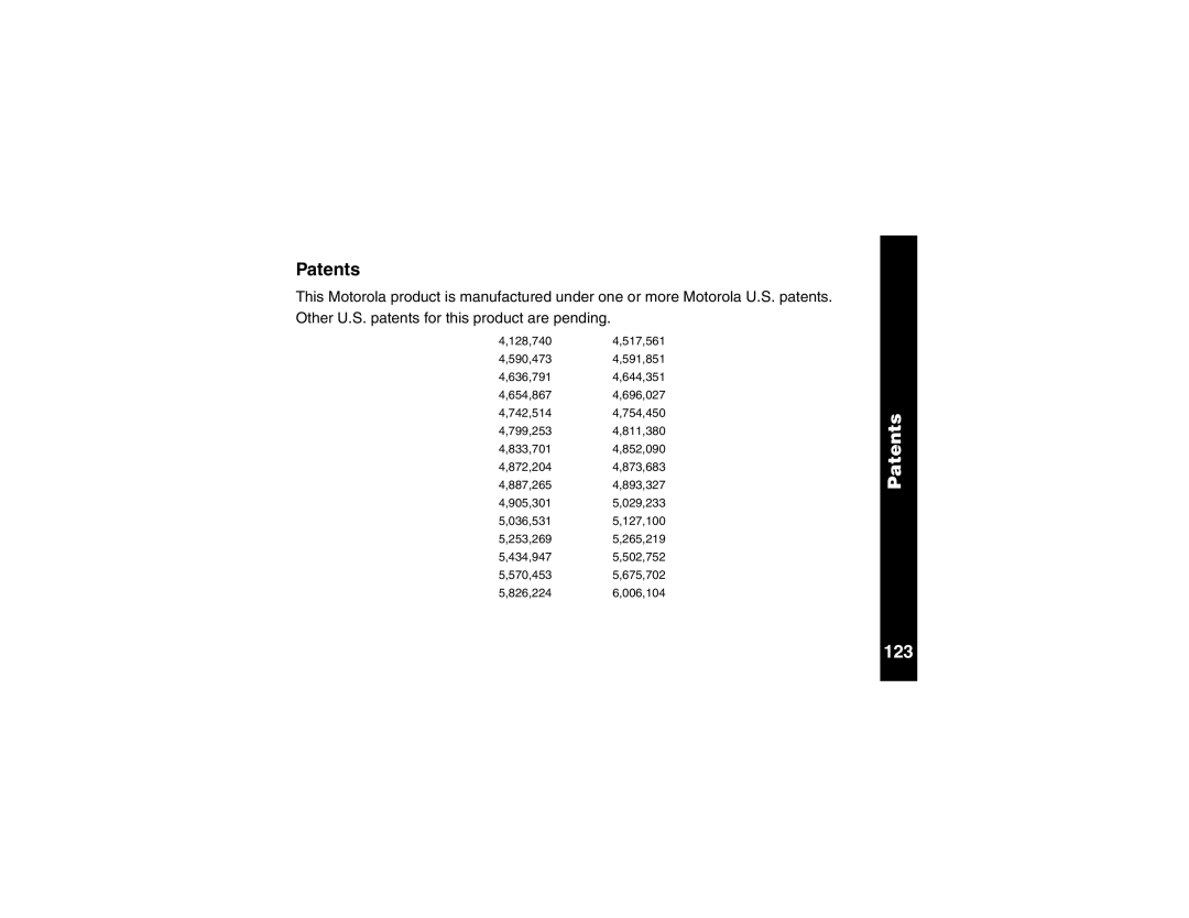 Motorola V100 manual Patents 123 