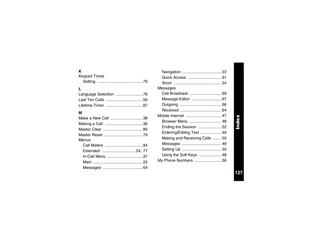 Motorola V100 manual Index 127, Keypad Tones 