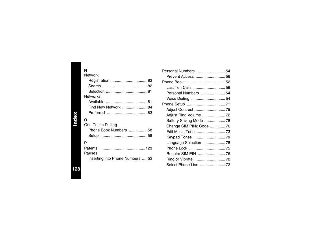 Motorola V100 manual Index, 128 