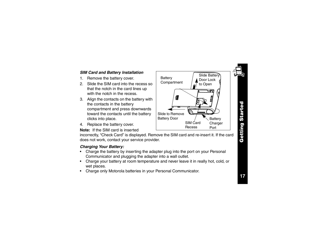 Motorola V100 manual SIM Card and Battery Installation, Charging Your Battery 