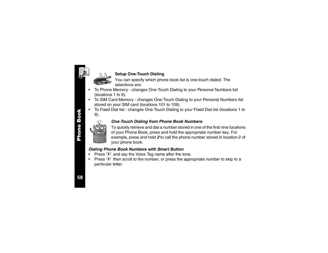 Motorola V100 manual Setup One-Touch Dialing, One-Touch Dialing from Phone Book Numbers 