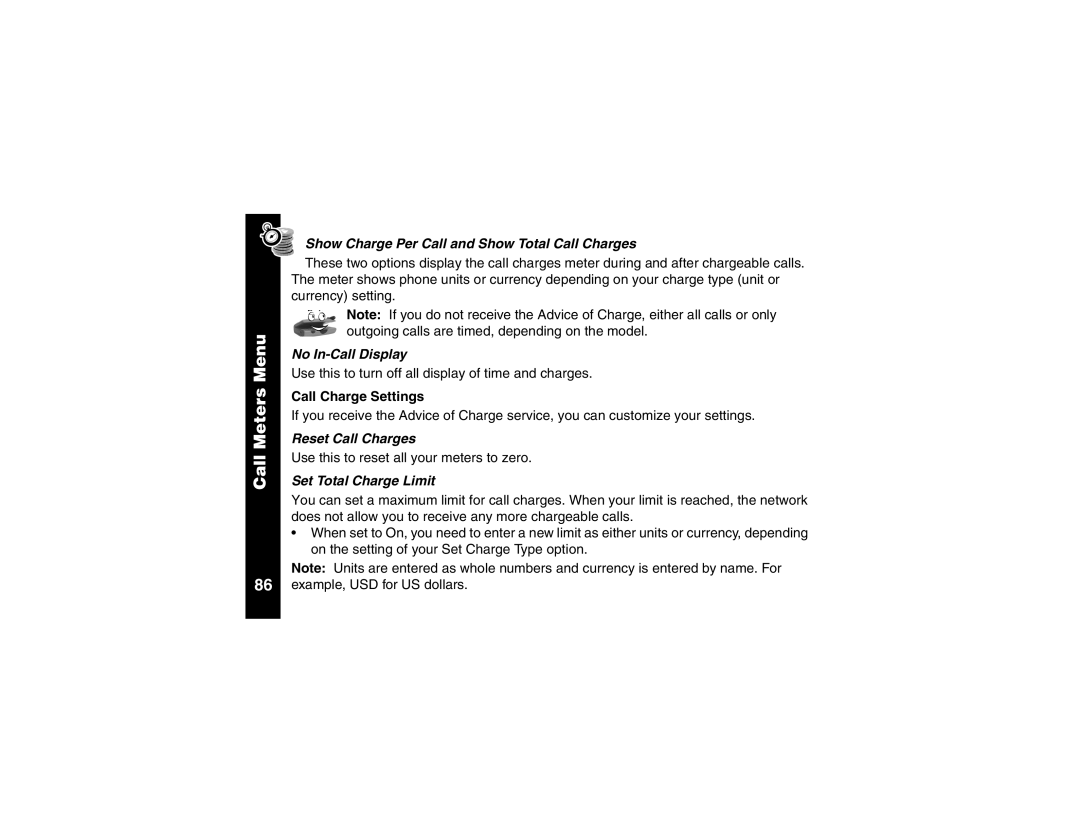 Motorola V100 manual Show Charge Per Call and Show Total Call Charges, No In-Call Display, Call Charge Settings 