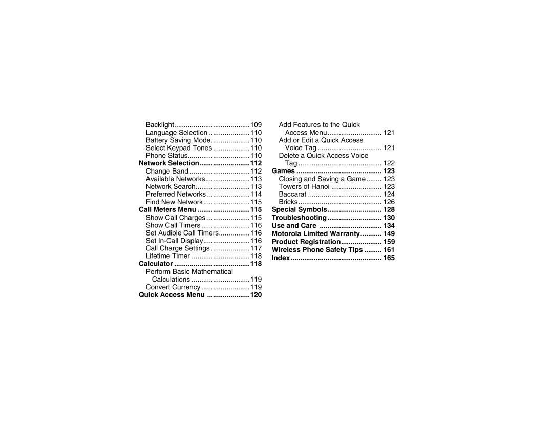 Motorola V101 manual 112, 115, 118, 120, 123, 128, 130, 134, 149, 159, 161, 165 