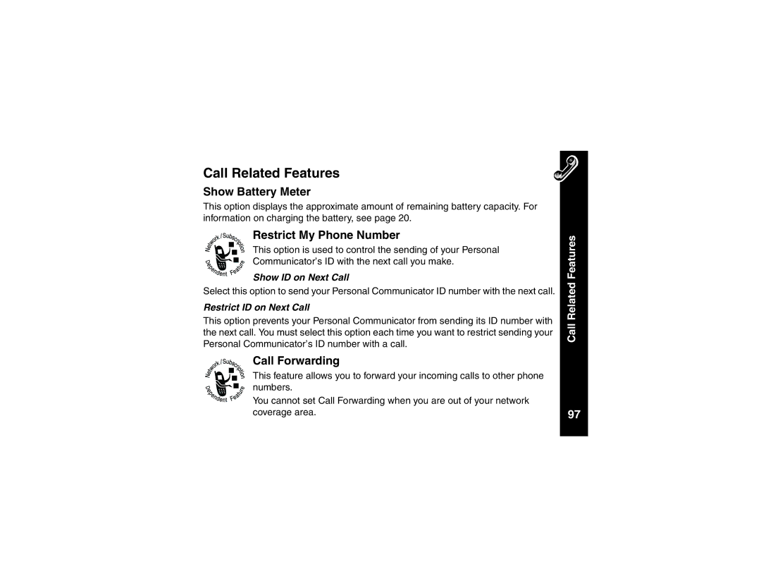 Motorola V101 Call Related Features, Show Battery Meter, Call Forwarding, Show ID on Next Call, Restrict ID on Next Call 