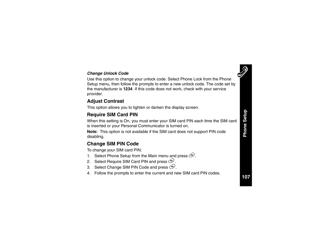 Motorola V101 manual Adjust Contrast, Require SIM Card PIN, Change SIM PIN Code, 107, Change Unlock Code 