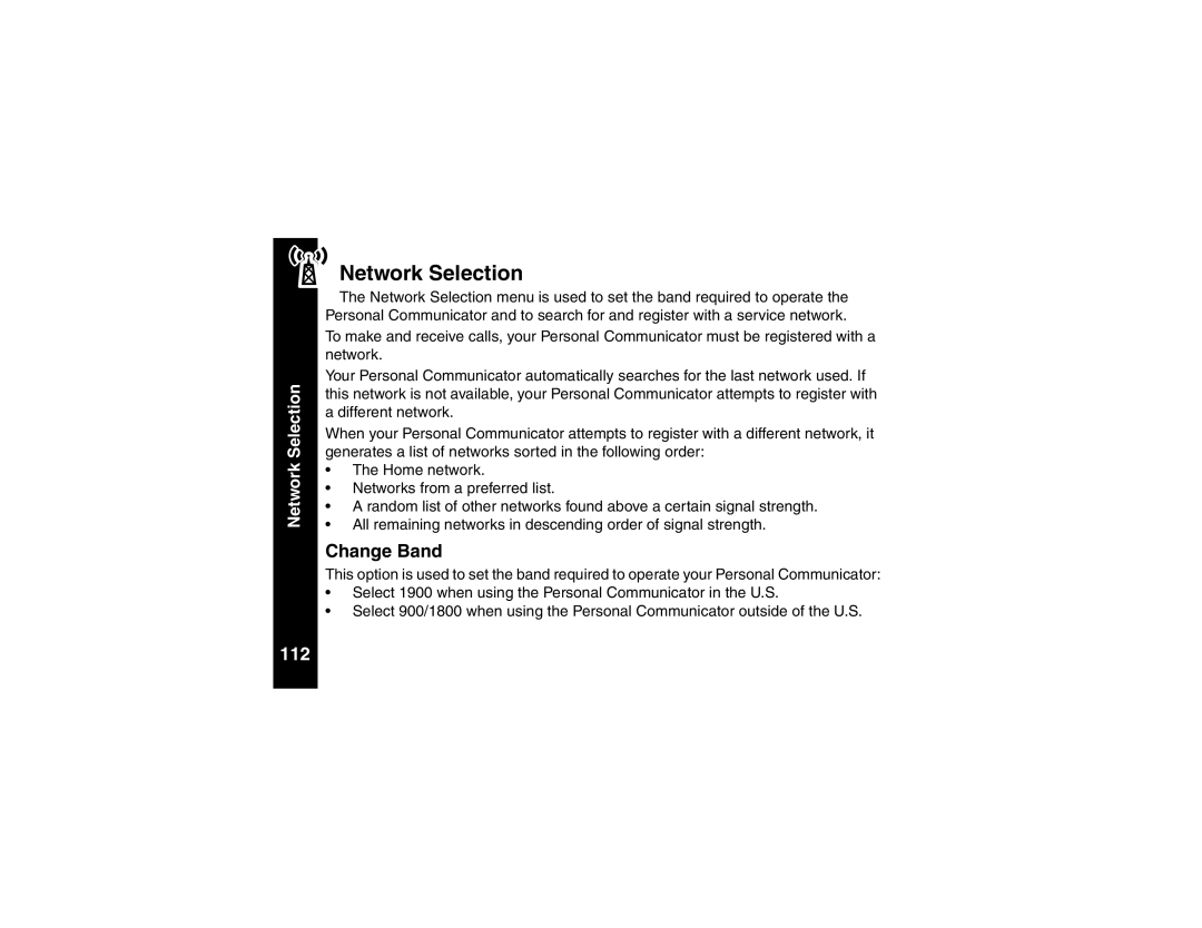 Motorola V101 manual Network Selection, 112, Change Band 