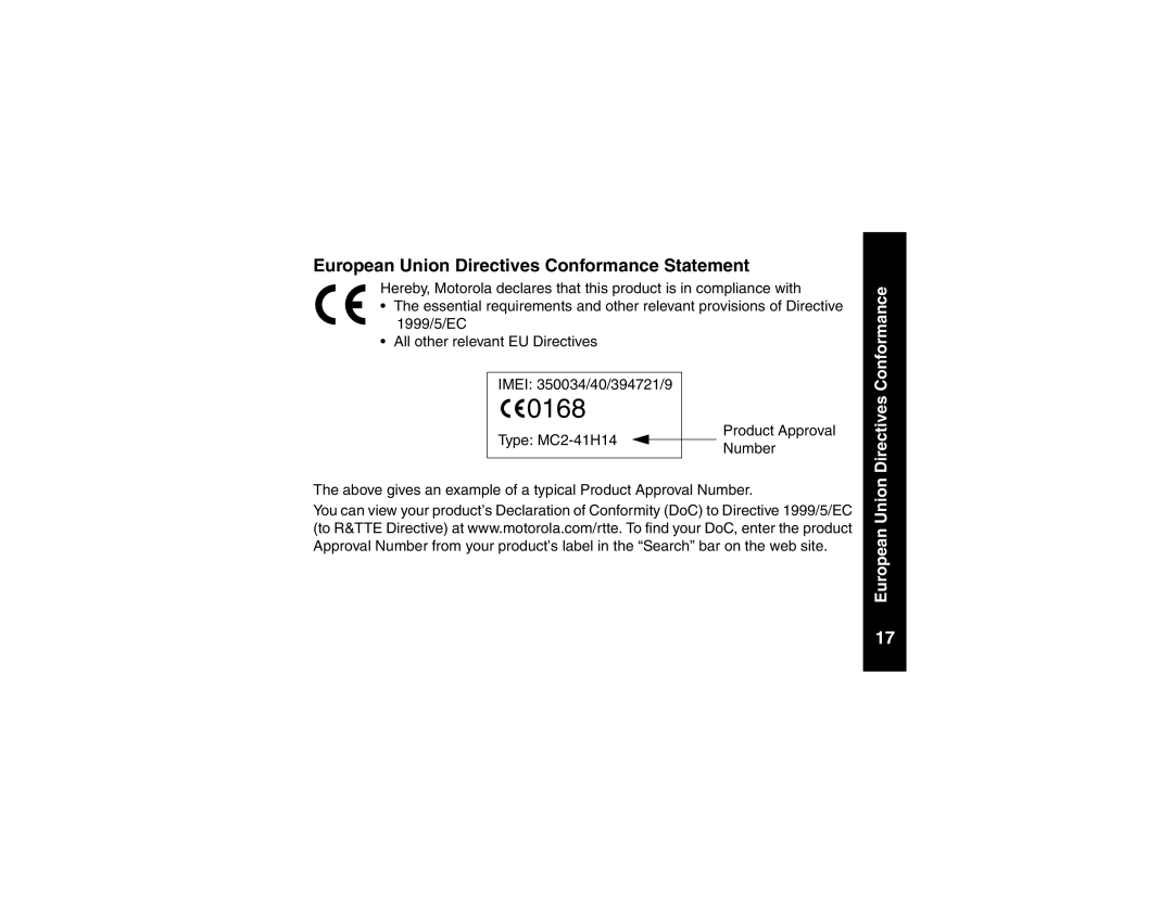 Motorola V101 manual 0168, European Union Directives Conformance Statement 