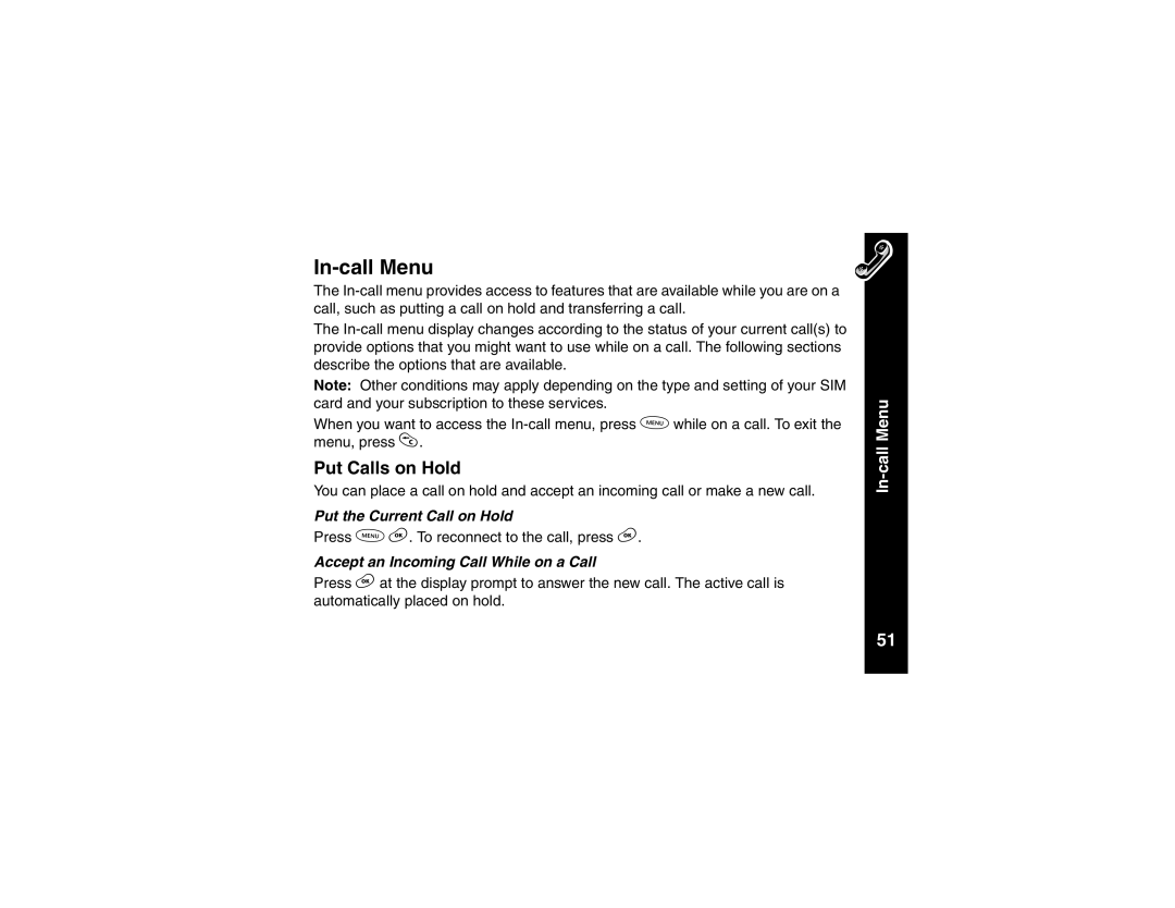 Motorola V101 manual In-call Menu, Put Calls on Hold, Put the Current Call on Hold, Accept an Incoming Call While on a Call 