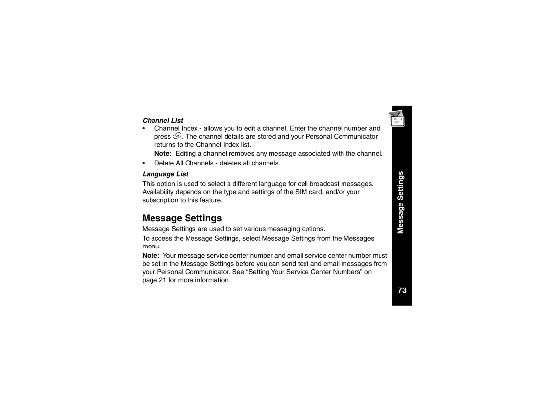 Motorola V101 manual Message Settings, Channel List, Language List 