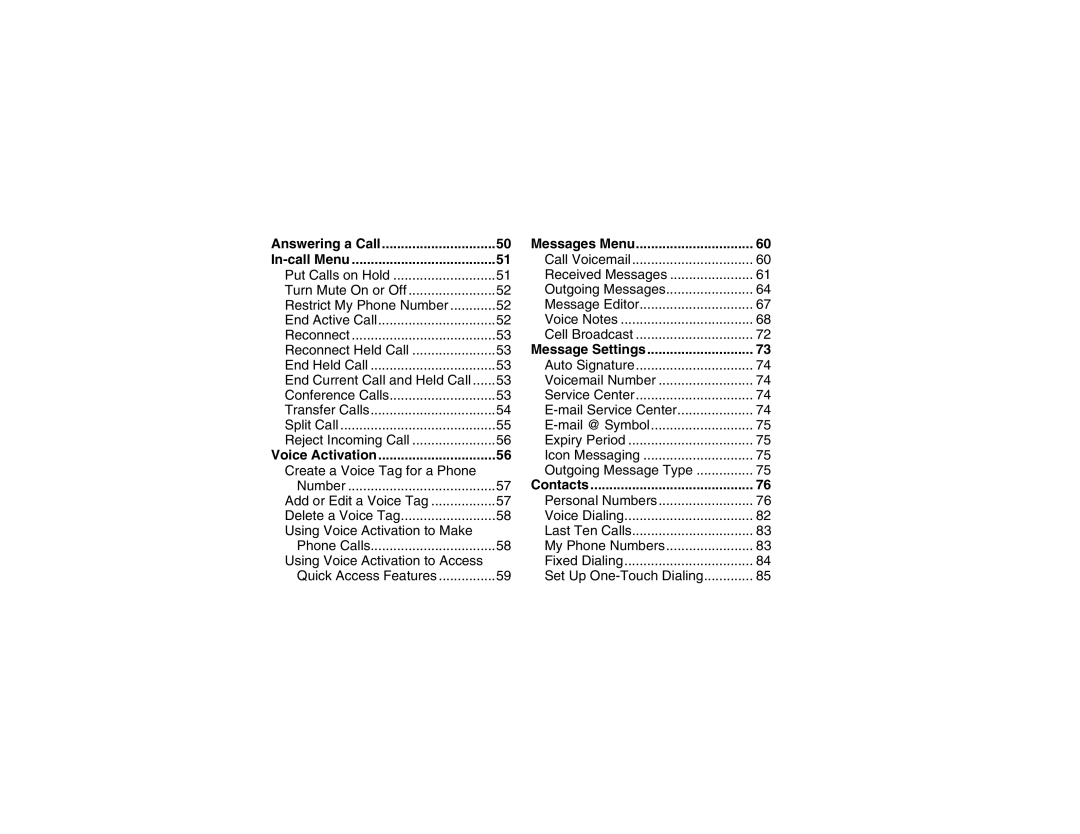 Motorola V101 manual Messages Menu, Message Settings, Contacts 