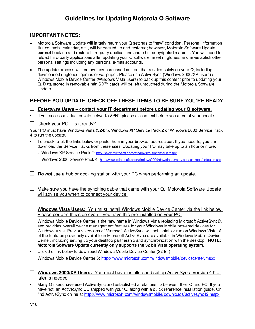 Motorola V16 manual Guidelines for Updating Motorola Q Software, Important Notes, Check your PC Is it ready? 