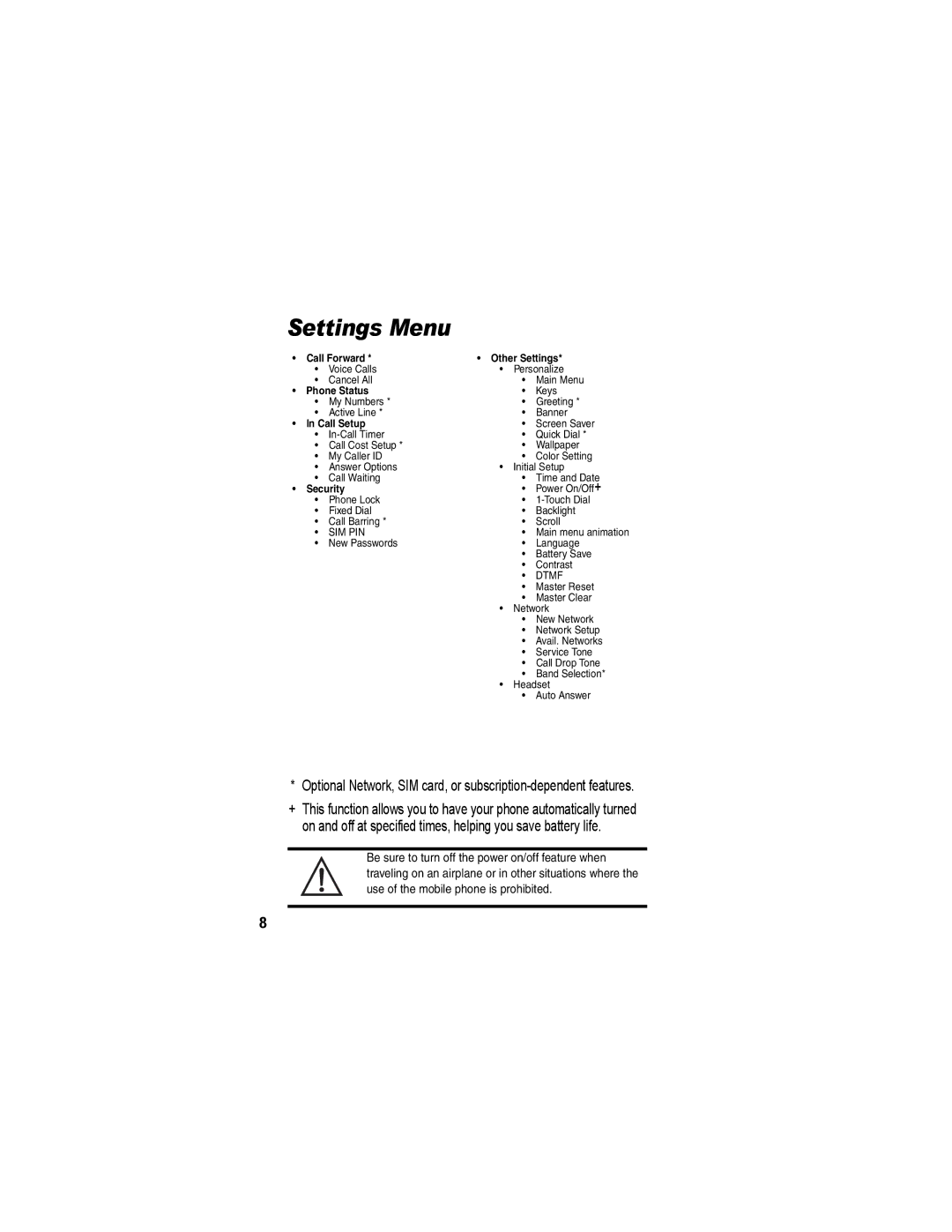 Motorola V170 manual Settings Menu 