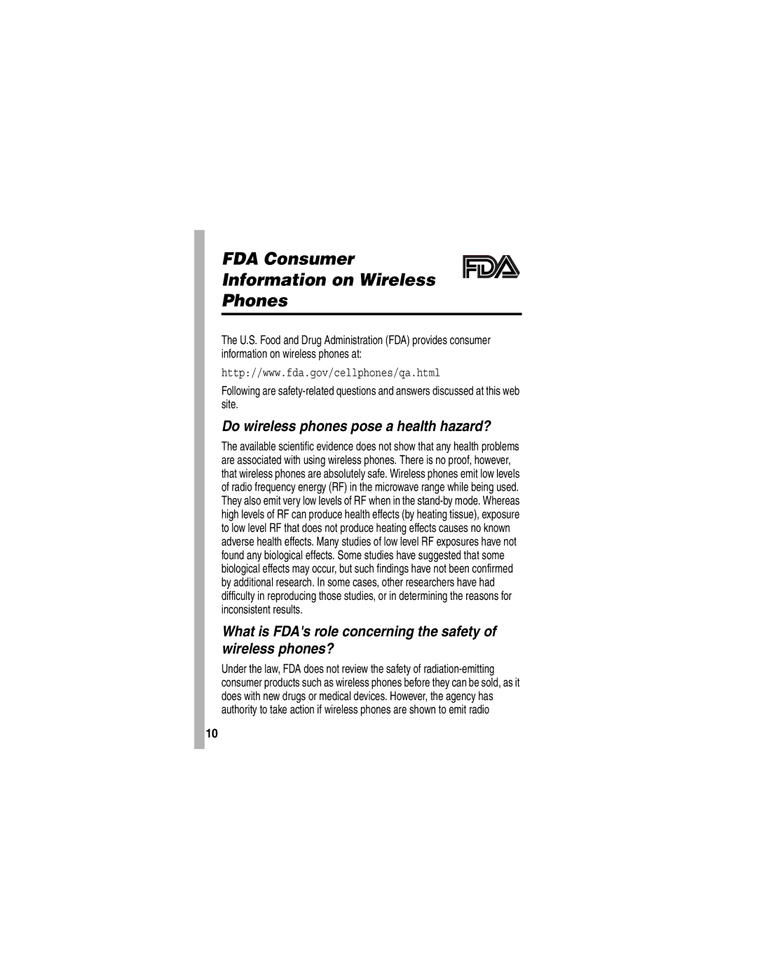 Motorola V170 manual FDA Consumer Information on Wireless Phones 