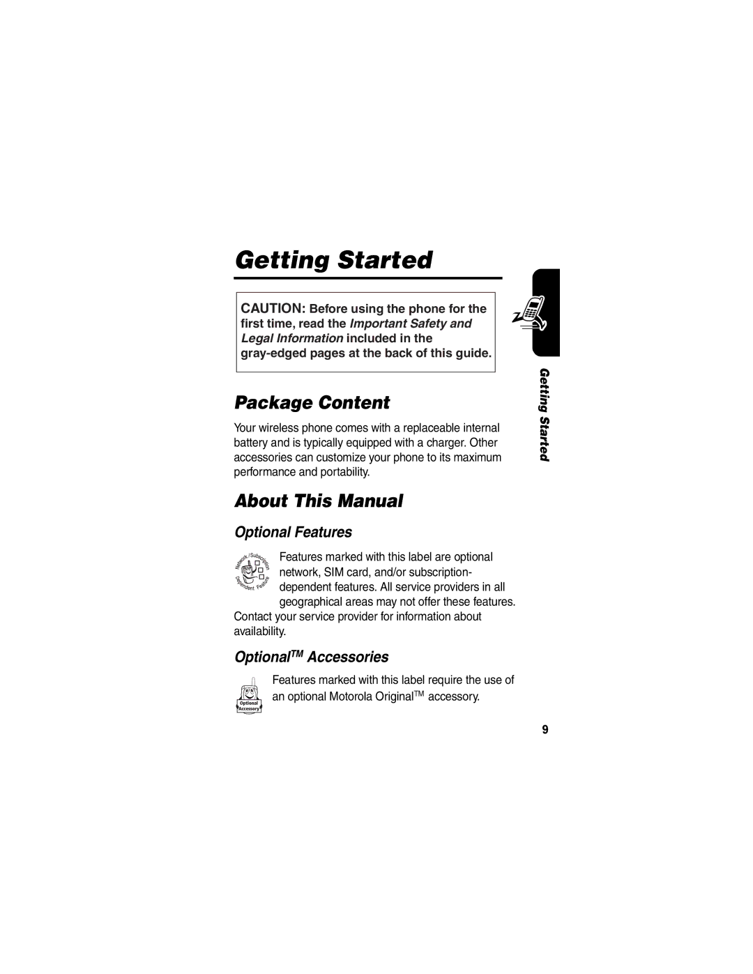 Motorola V170 manual Getting Started, Package Content, About This Manual, Optional Features, OptionalTM Accessories 