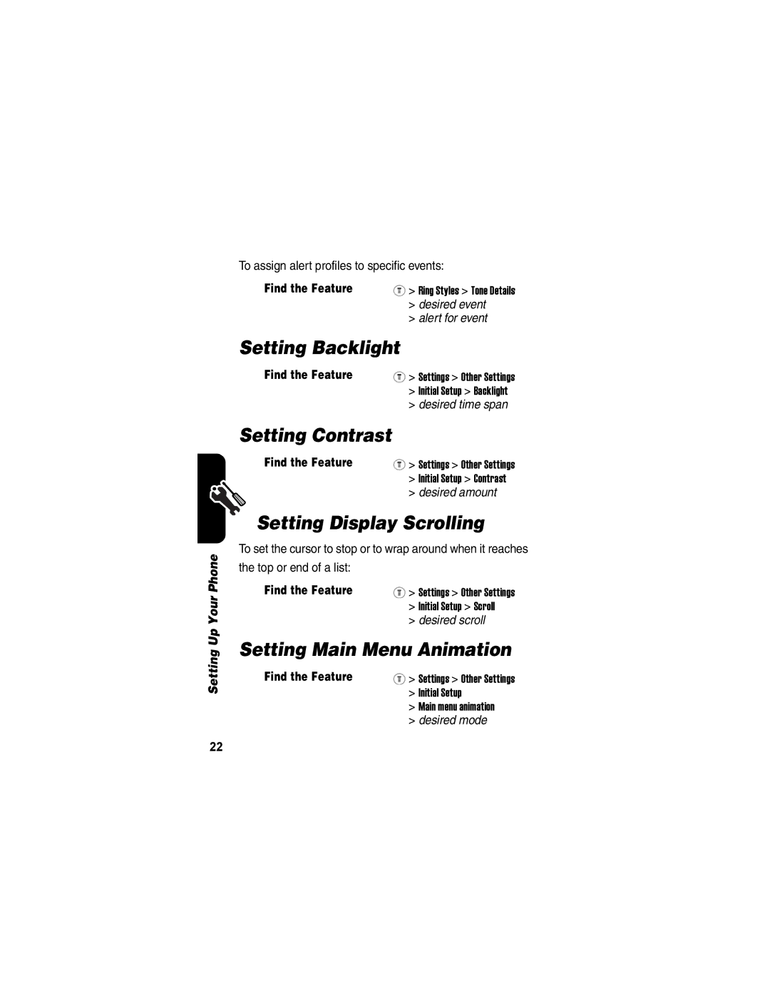 Motorola V170 manual Setting Backlight, Setting Contrast, Setting Display Scrolling, Setting Main Menu Animation 