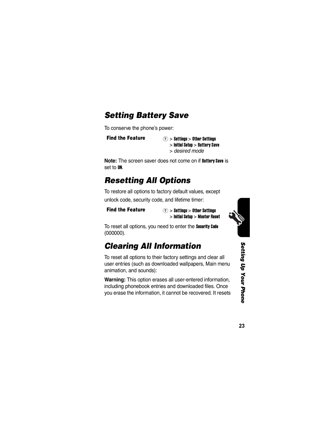 Motorola V170 manual Setting Battery Save, Resetting All Options, Clearing All Information 