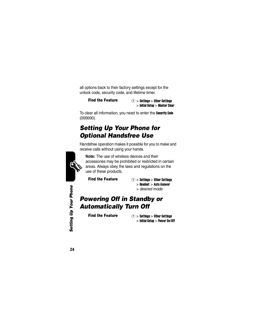 Motorola V170 manual Setting Up Your Phone for Optional Handsfree Use, Powering Off in Standby or Automatically Turn Off 