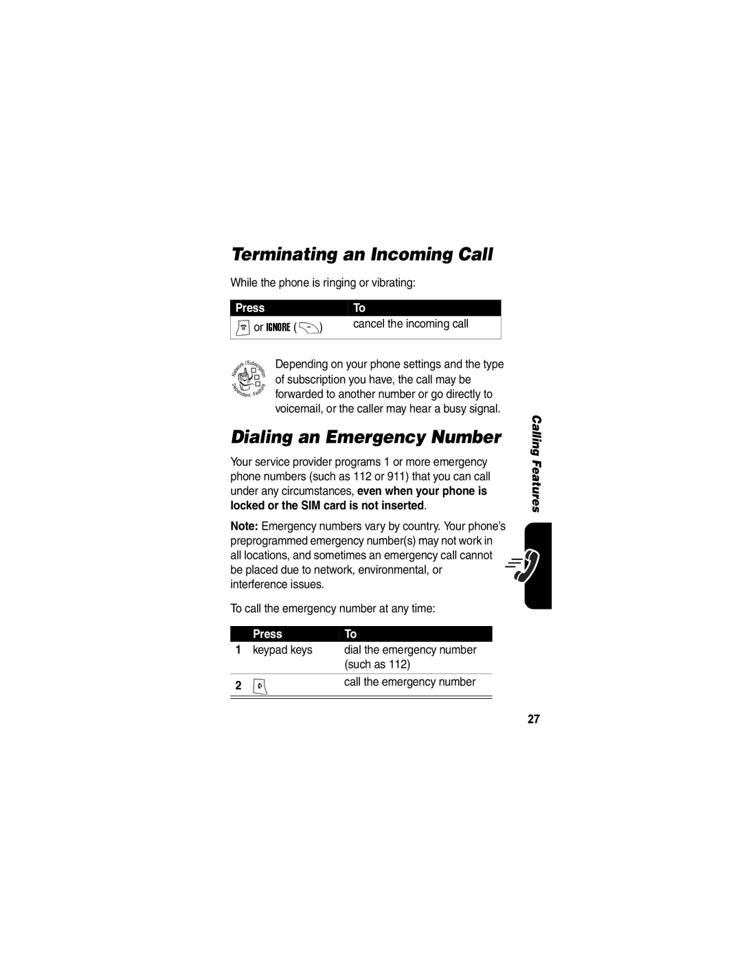 Motorola V170 manual Terminating an Incoming Call, Dialing an Emergency Number 