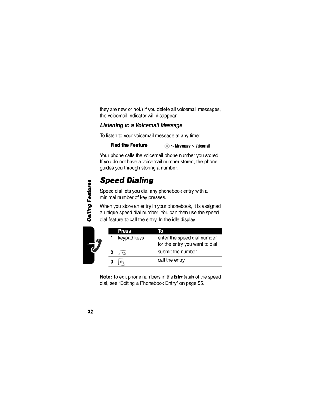 Motorola V170 manual Speed Dialing, Listening to a Voicemail Message 