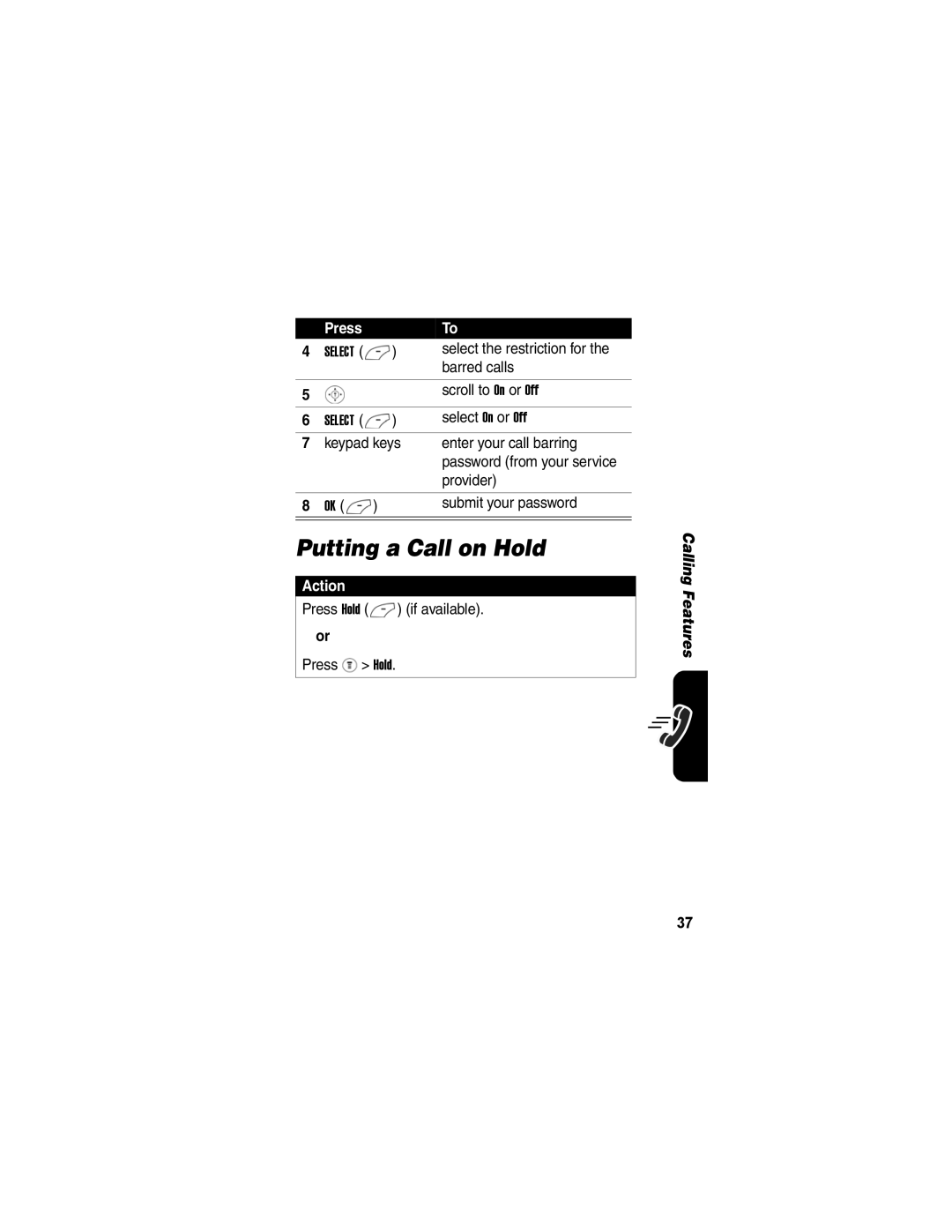 Motorola V170 manual Putting a Call on Hold, Action 