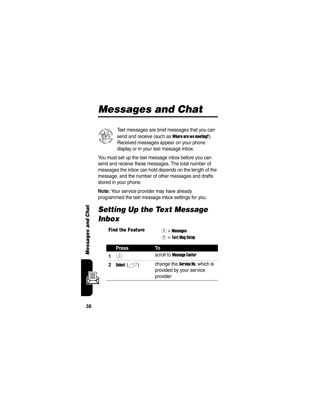 Motorola V170 manual Messages and Chat, Setting Up the Text Message Inbox 