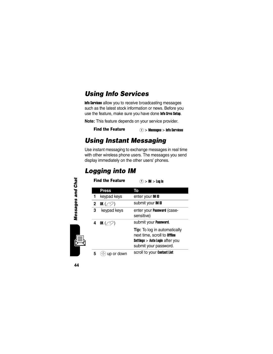 Motorola V170 manual Using Info Services, Using Instant Messaging, Logging into IM 