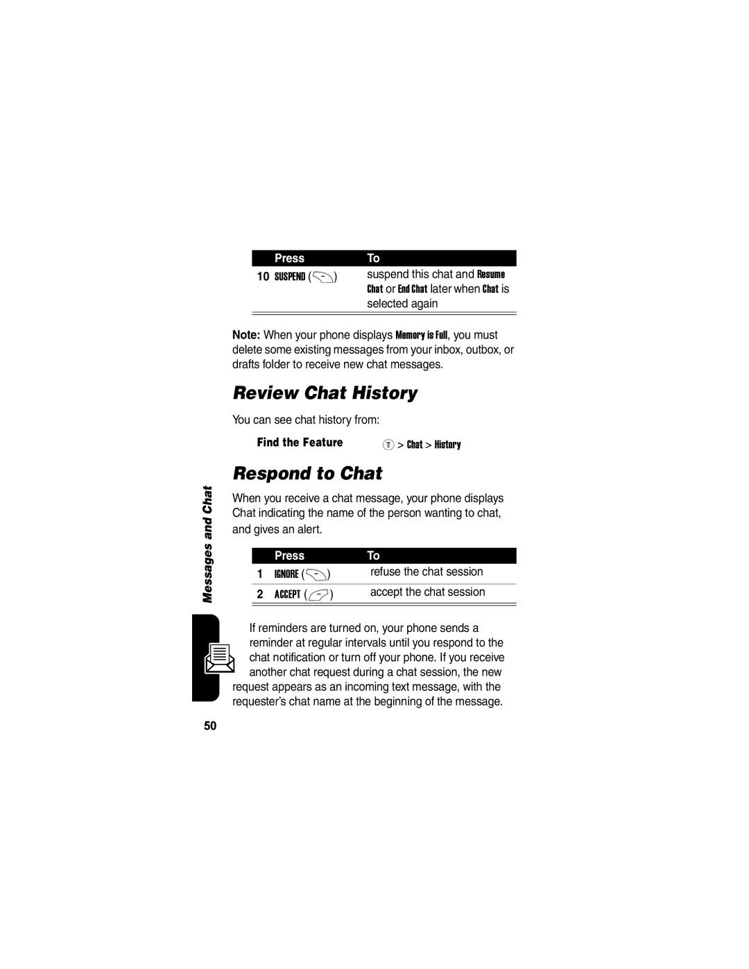 Motorola V170 manual Review Chat History, Respond to Chat 