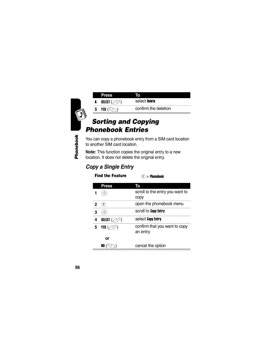 Motorola V170 manual Sorting and Copying Phonebook Entries, Copy a Single Entry 