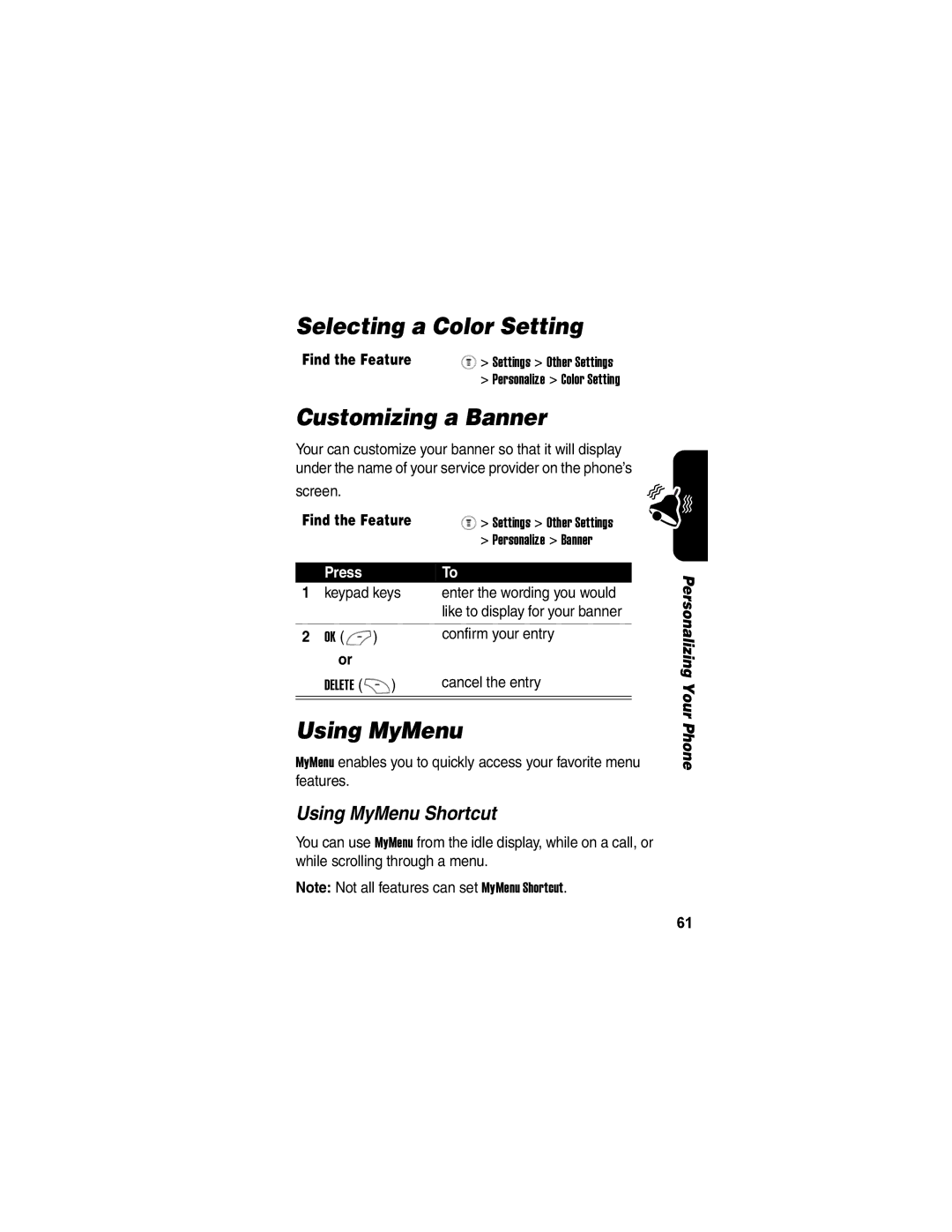 Motorola V170 manual Selecting a Color Setting, Customizing a Banner, Using MyMenu Shortcut 