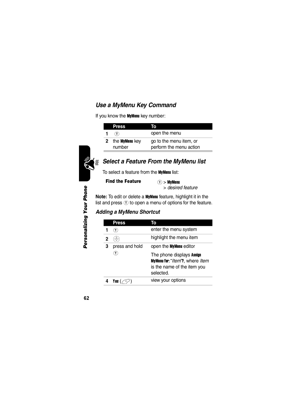 Motorola V170 manual Use a MyMenu Key Command, Select a Feature From the MyMenu list, Adding a MyMenu Shortcut 