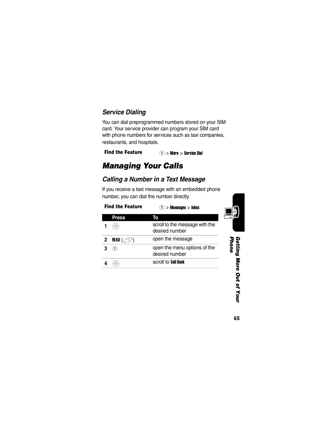 Motorola V170 manual Managing Your Calls, Service Dialing, Calling a Number in a Text Message 