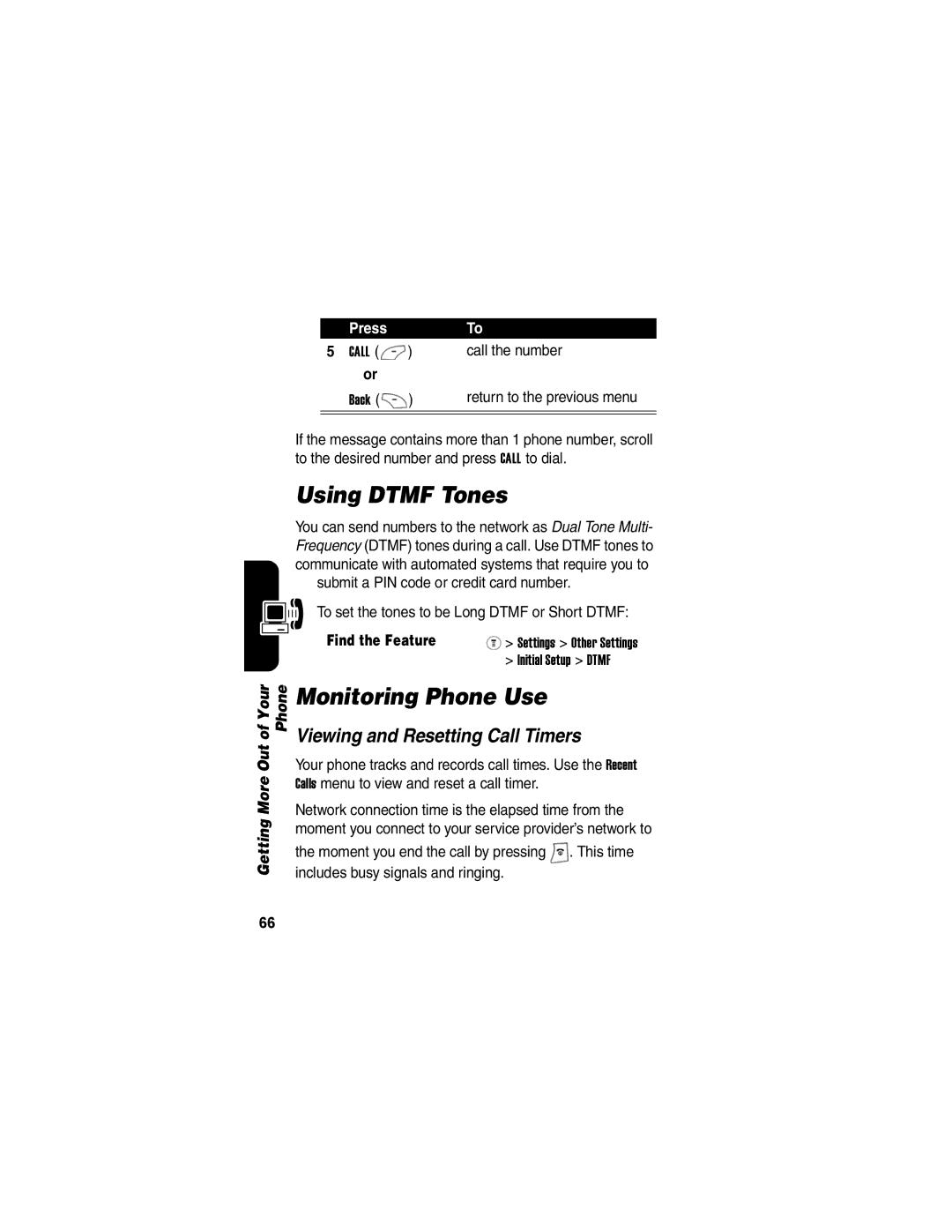 Motorola V170 manual Using Dtmf Tones, Monitoring Phone Use, Viewing and Resetting Call Timers 