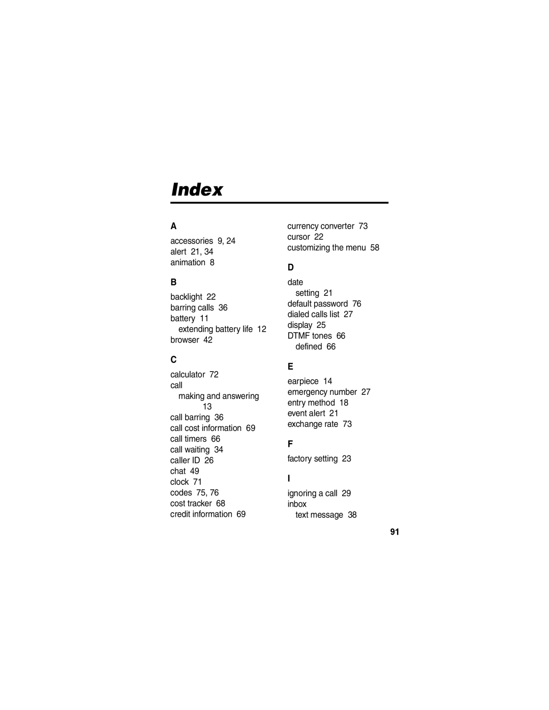 Motorola V170 manual Index 