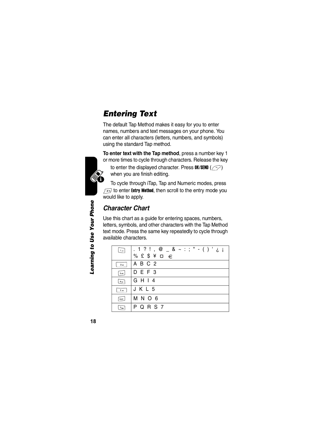 Motorola V171 manual Entering Text, Character Chart 