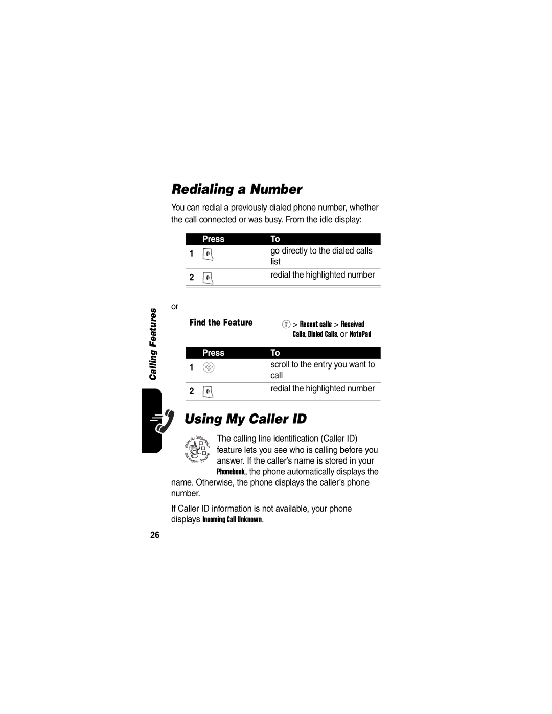 Motorola V171 manual Redialing a Number, Using My Caller ID 