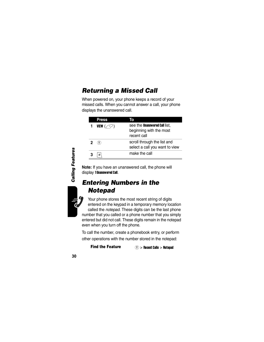 Motorola V171 manual Returning a Missed Call, Entering Numbers in the Notepad 