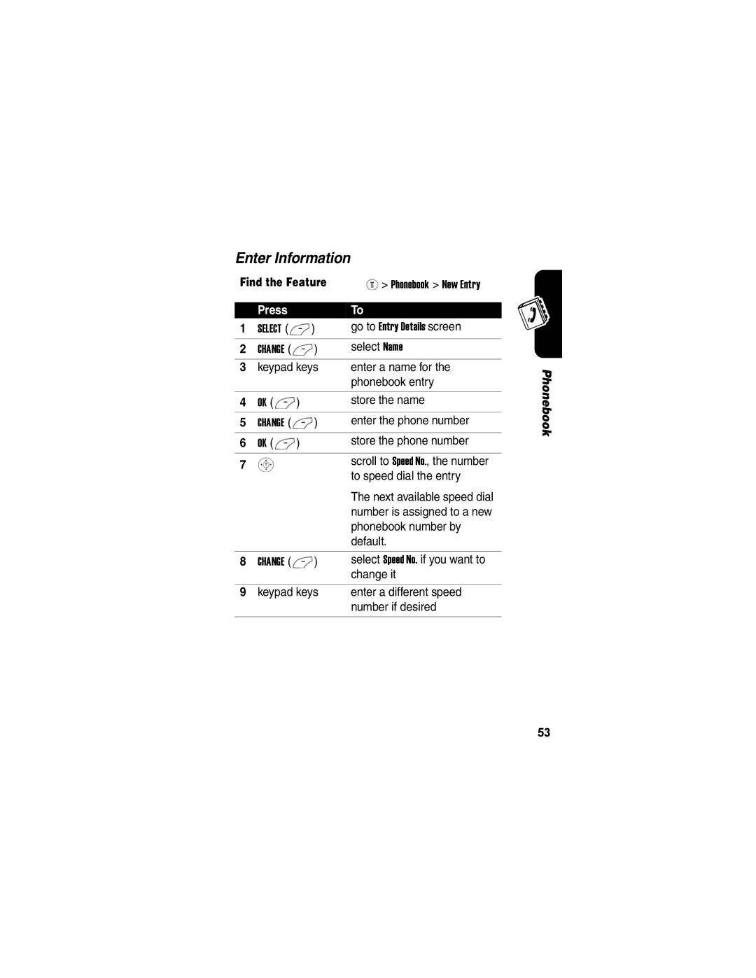 Motorola V171 manual Enter Information, Press 